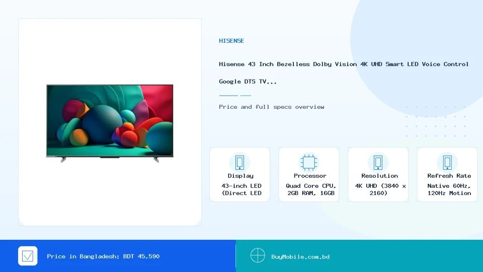 Hisense 43 Inch Bezelless Dolby Vision 4K UHD Smart LED Voice Control Google DTS TV