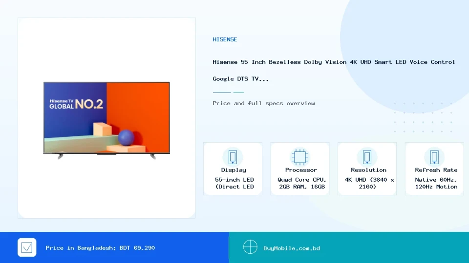 Hisense 55 Inch Bezelless Dolby Vision 4K UHD Smart LED Voice Control Google DTS TV